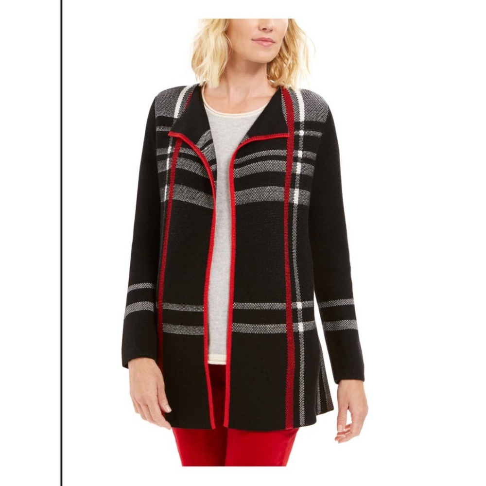 Charter Club Cardigan Jacket LARGE Wool Blend Plaid Knit Open Front Longline